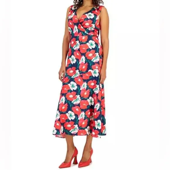 Sam Edelman Women's Poppy Floral V-Neck Chiffon A-Line Dress Coral Multi NWT - Picture 1 of 9